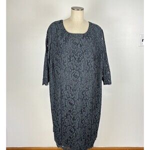 Talbots Womens 24W Blue Green Lace Sheath 3/4 Sleeve Floral Knee Length Dress